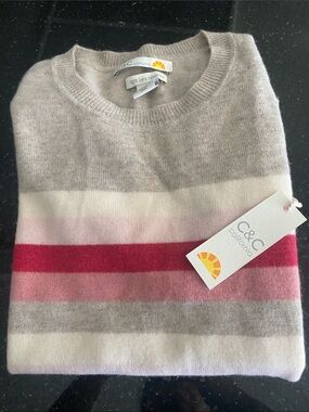 C&C California Beige Crewneck with Pink & Red Stripe NWT